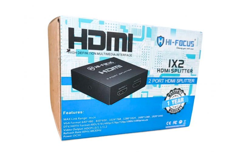 HIFOCUS HDMI SPLITTER 2 PORT WITH ADAPTOR (VKSP102M)