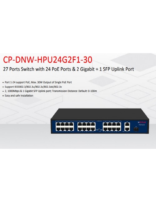 CPPLUS POE SWITCH 24 PORT (24 NORMAL + 2 GIGA UPLINK + 1 SFP UPLINK ) CP-DNW-HPU24G2F1-30