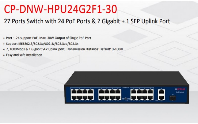 CPPLUS POE SWITCH 24 PORT (24 NORMAL + 2 GIGA UPLINK + 1 SFP UPLINK ) CP-DNW-HPU24G2F1-30