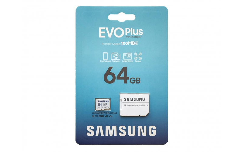 SAMSUNG MICRO SDXC 64GB MEMORY CARD WITH SD ADAPTER EVO PLUS