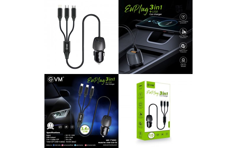 EVM USB CAR CHARGER 3 IN 1 (ENPLUG  3 IN 1) MICRO|TYPE C|iPHONE