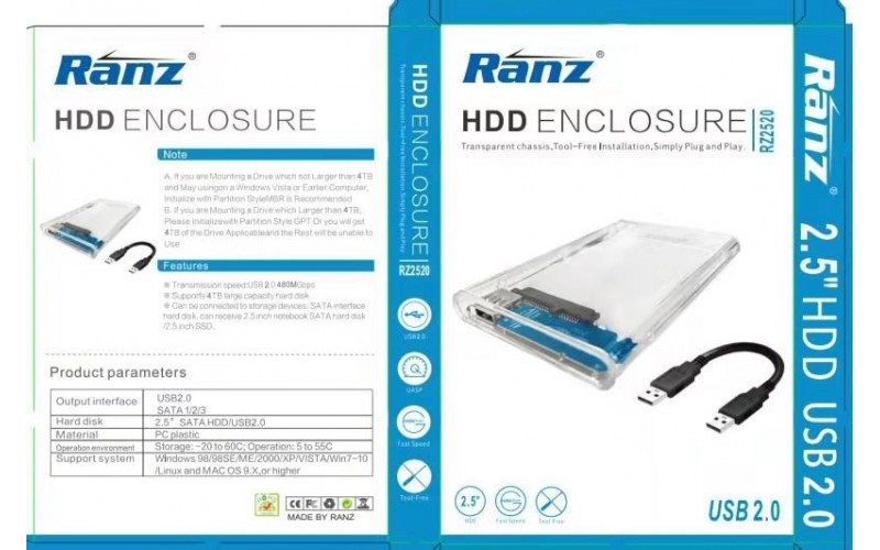 RANZ SSD SATA CASING 2.5" USB 2.0 RZ2525 (TRANSPARENT)