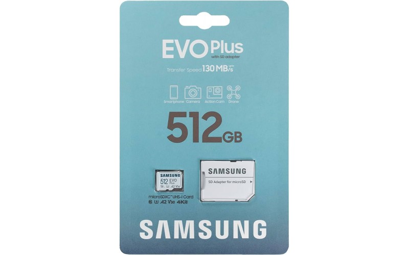 SAMSUNG MICRO SDXC 512GB MEMORY CARD WITH SD ADAPTER EVO PLUS