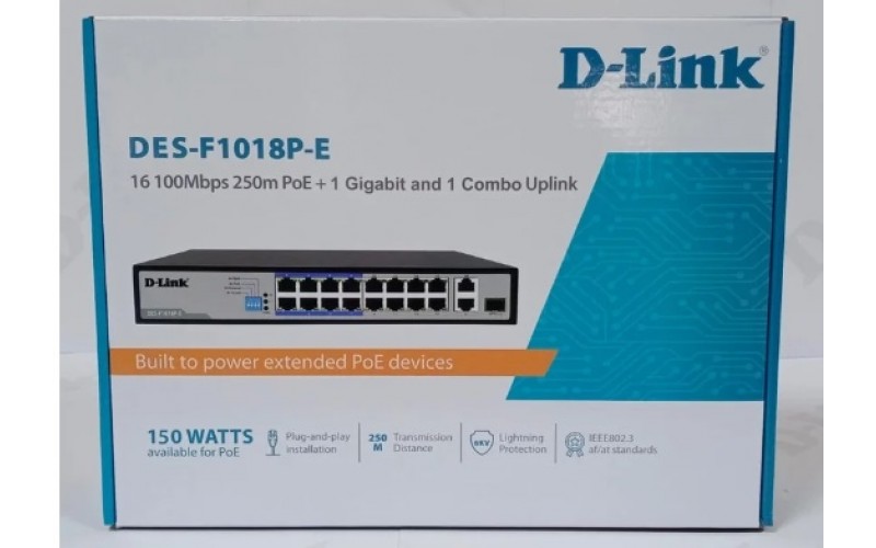 DLINK POE SWITCH 16 PORT (16 NORMAL +2GIGA +1SFP) DES-F1018P-E | 150W 